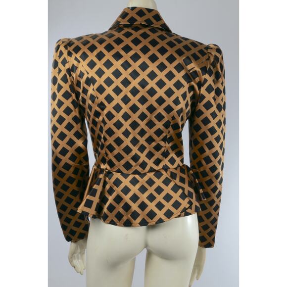 Richard Warren Pure Silk Vintage Peplum Blazer Beige Black Diamond Grid Size 4 - Picture 12 of 15